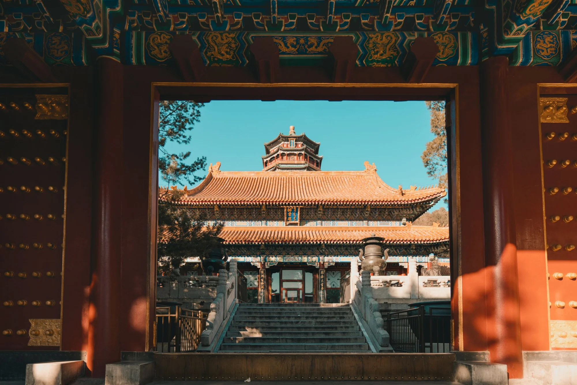 Beautiful architectural view of a traditional temple entrance at the Summer Palace in Beijing, China.