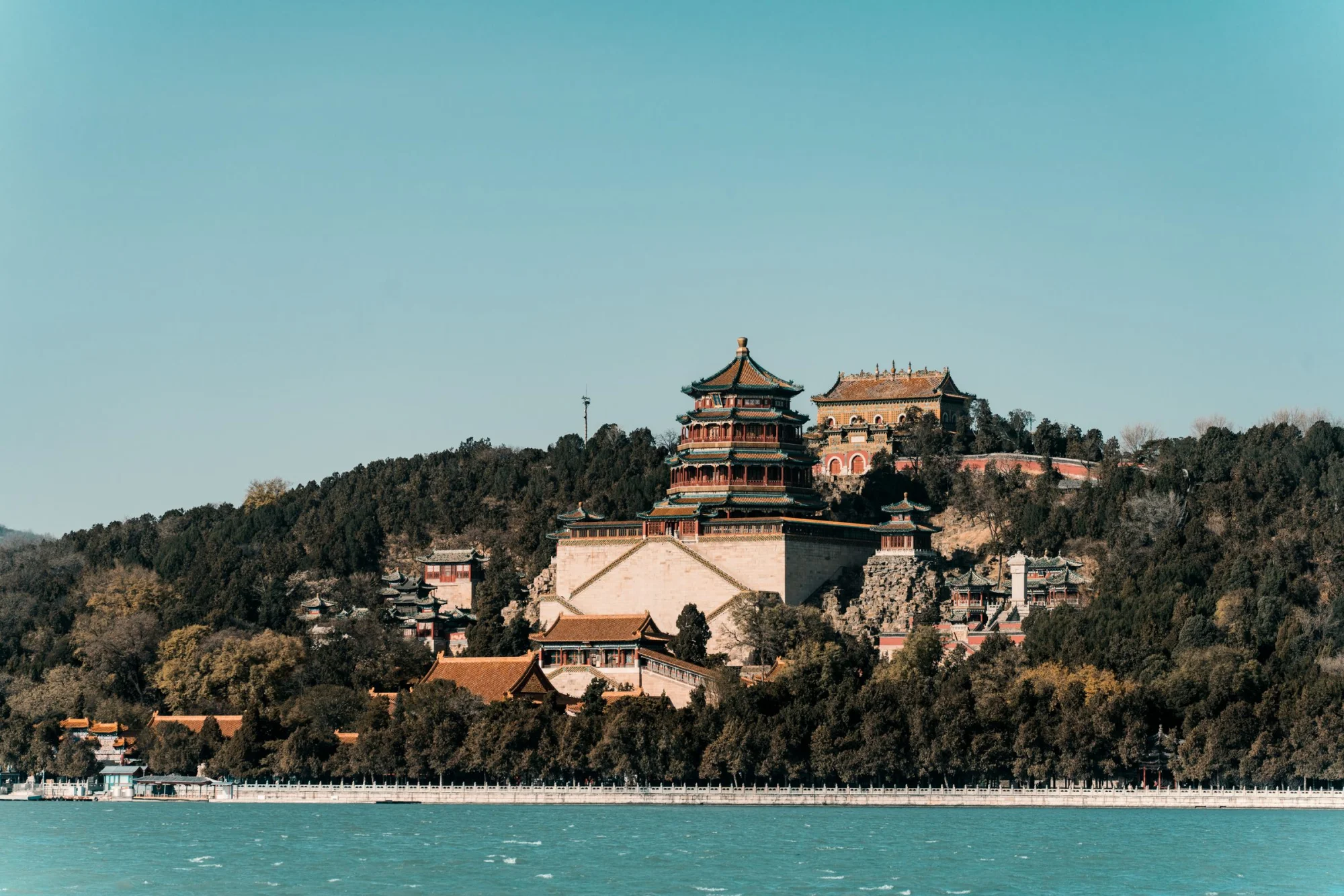 Beautiful landscape of the Summer Palace with lake and pagoda in Beijing, China.