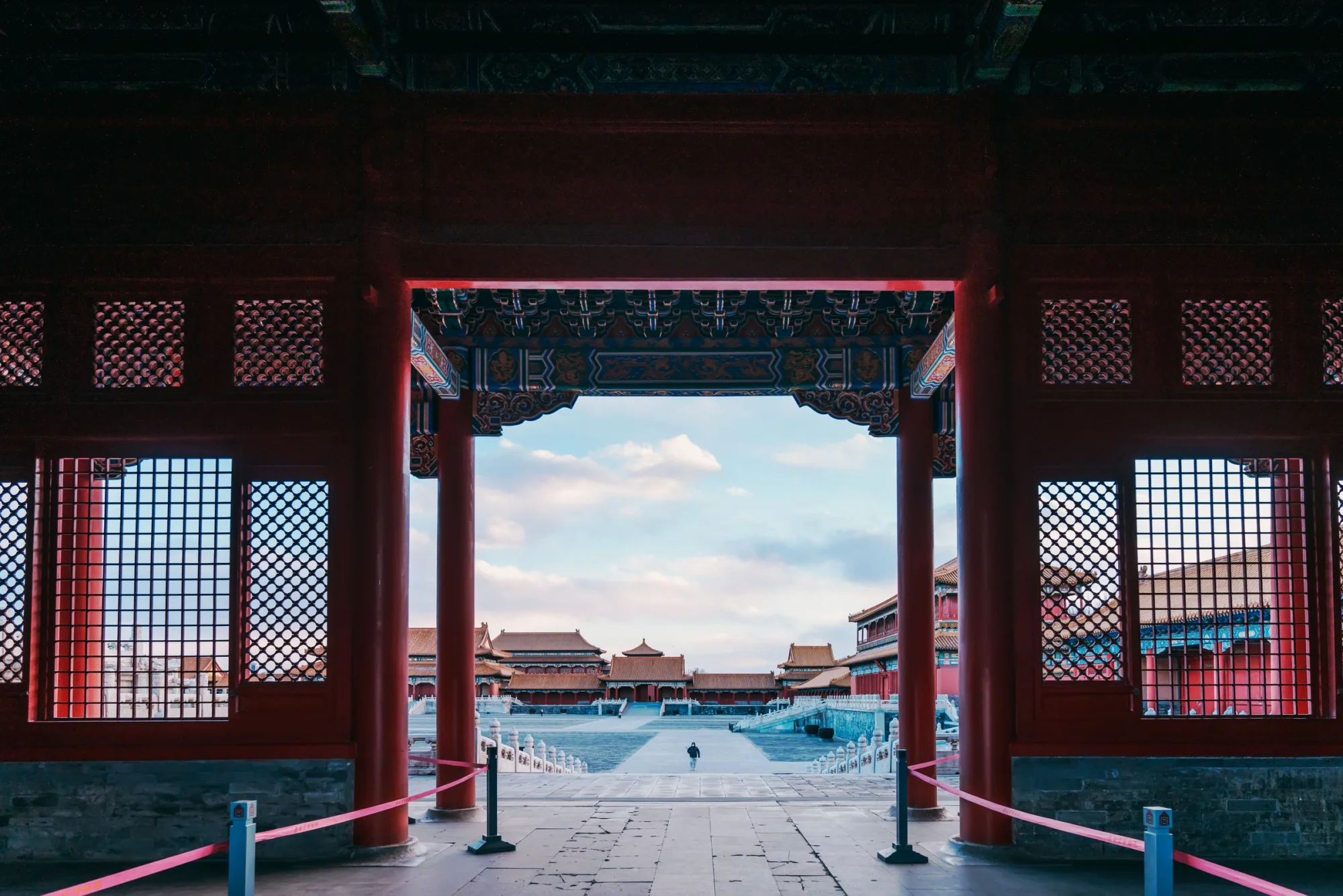 A beautifully framed view of the Forbidden City courtyard in Beijing, China.