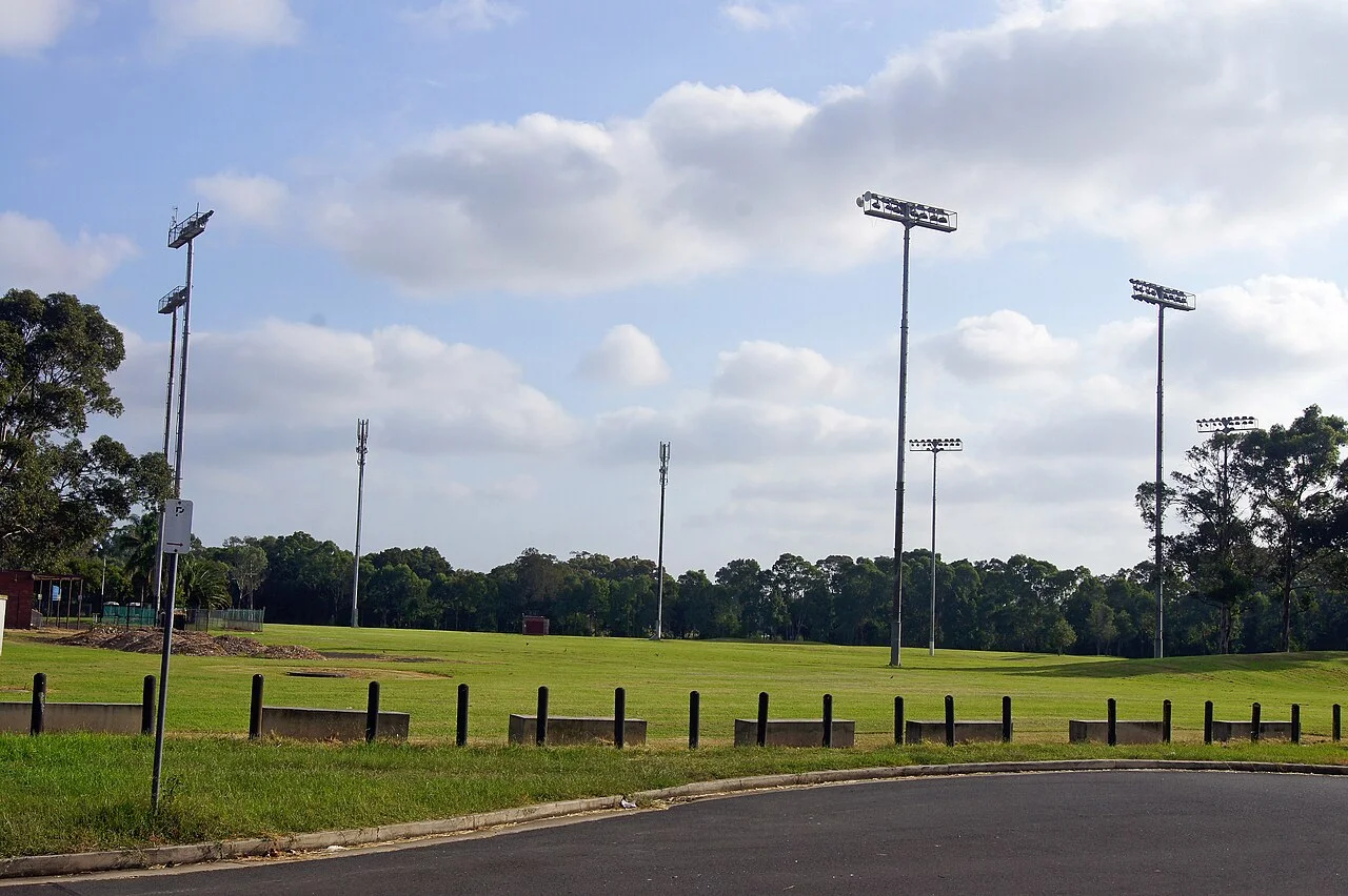 Oriole Park, Auburn, New South Wales, Australia, floodlight masts of the former baseball stadium, seen from a northern aspect.