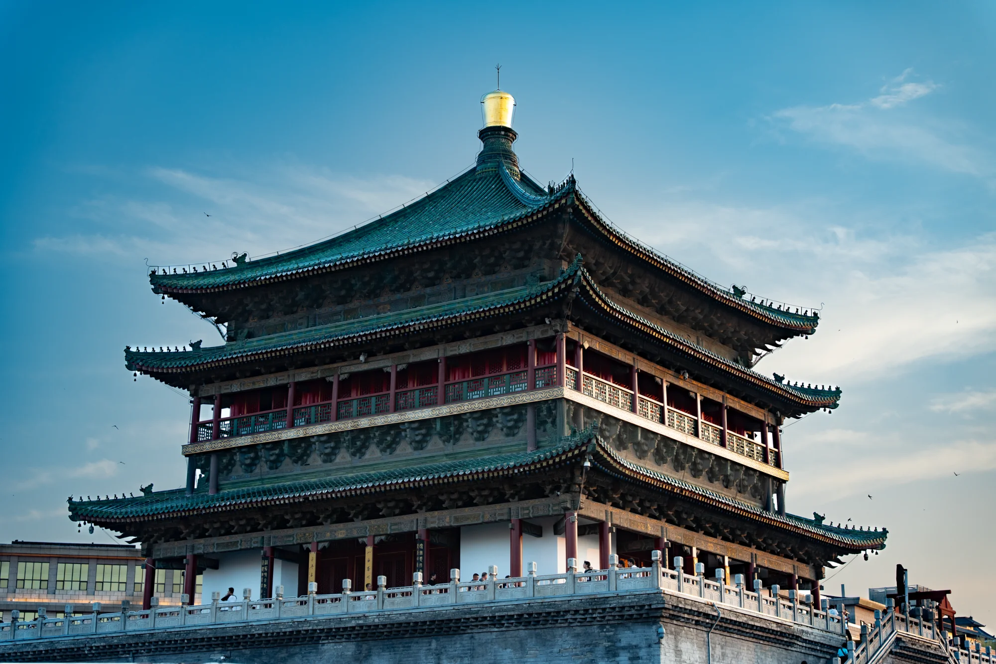 Elevated view of the historic Xi'an Bell Tower against a clear sky, showcasing traditional Chinese architecture.
